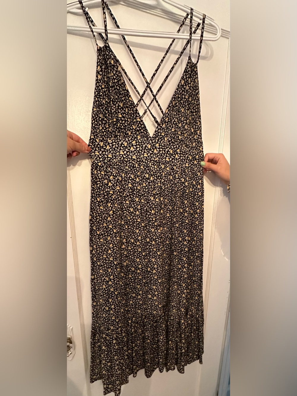 Lulu's Black Floral Slip Dress with Crisscross Straps - Size Medium
